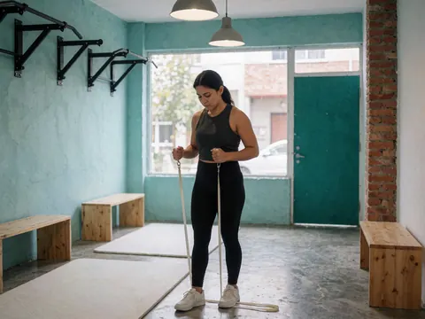 Une femme s'entraîne dans un petit gymnase avec des murs turquoise, un sol gris et des bancs en bois, en ajustant une bande de résistance blanche.