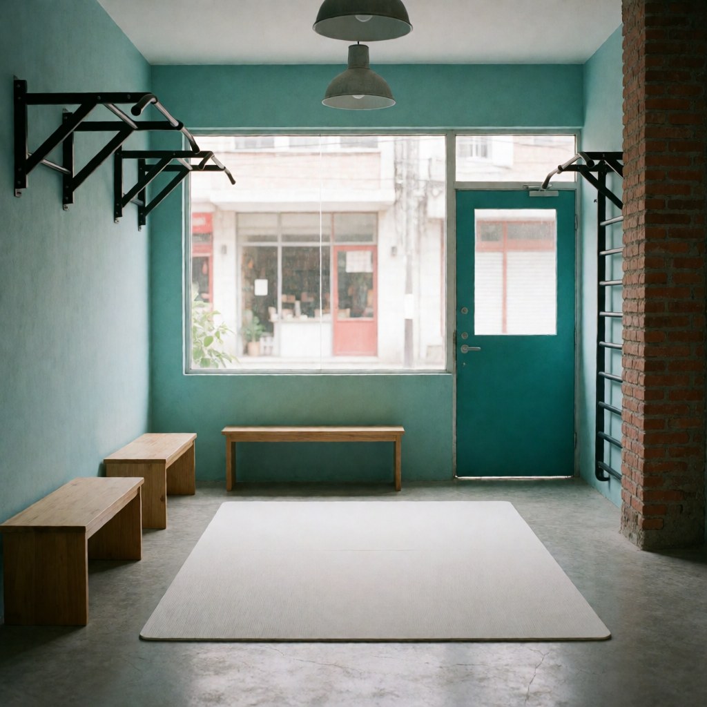 Vue d'un espace fitness minimaliste avec bancs en bois, tapis de sol, murs turquoise, pilier en briques et éclairage suspendu.