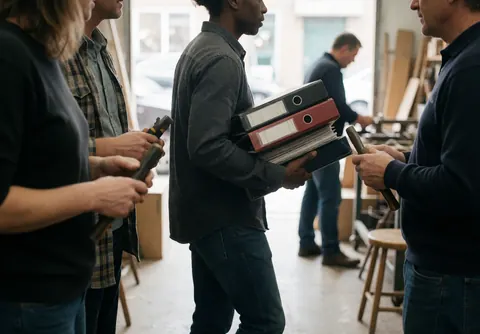 Une consultante se déplace dans un atelier avec des outils et du bois.