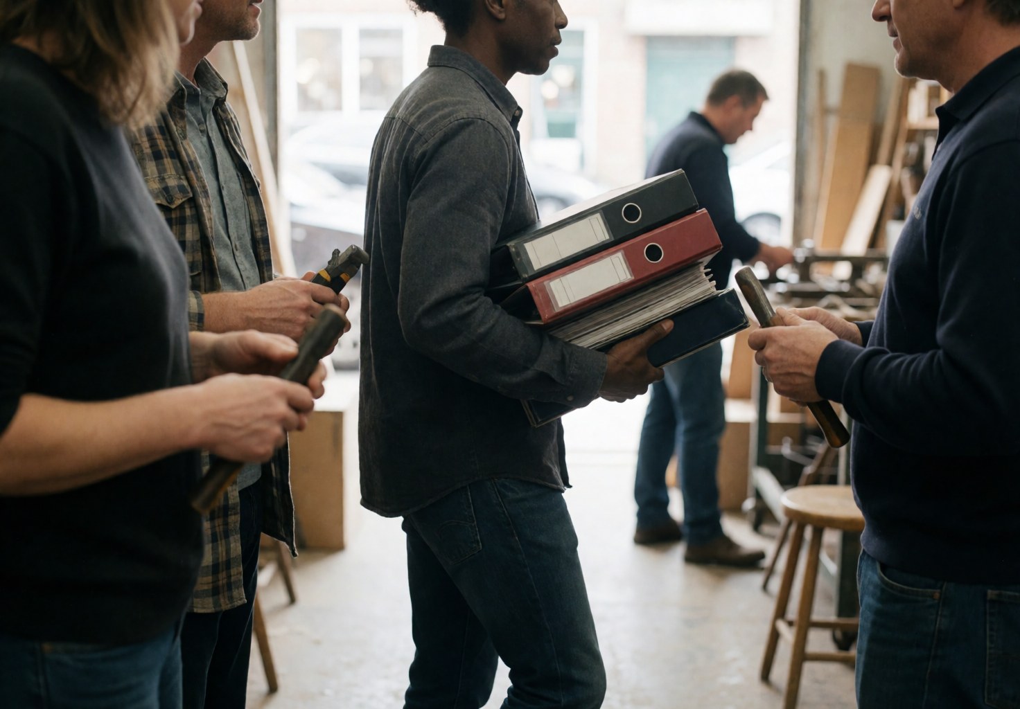 Une consultante se déplace dans un atelier avec des outils et du bois.