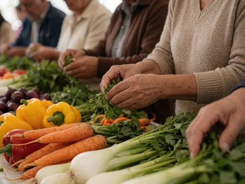 Des mains d'adultes préparent des légumes frais tels que poivrons, carottes et oignons dans un marché communautaire, avec une lumière naturelle mettant en valeur les textures.