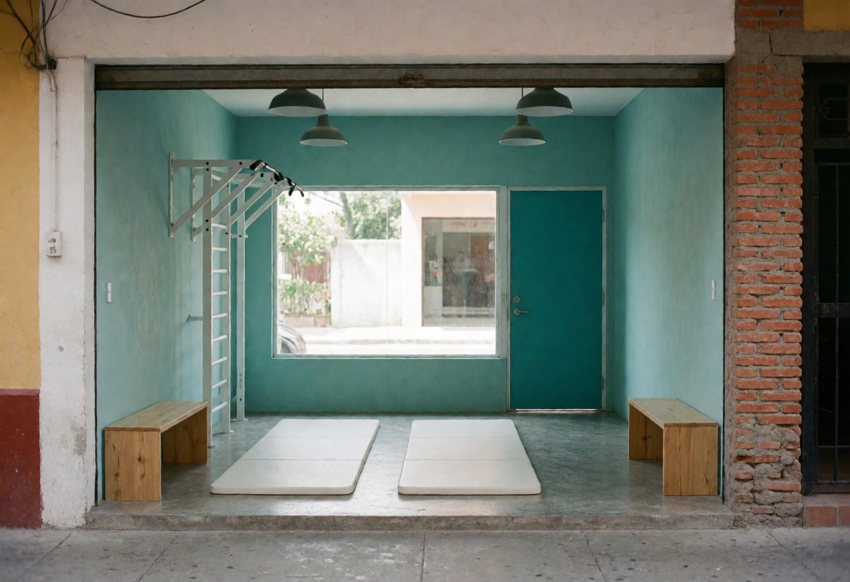 Vue d'un petit gymnase avec murs turquoise, sol gris, bancs en bois et luminaires industriels, idéal pour l'entraînement.
