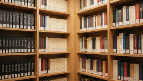 Vue d'une bibliothèque d'académie remplie de livres et de dictionnaires sur des étagères en bois, créant un fond flou pour du texte académique.