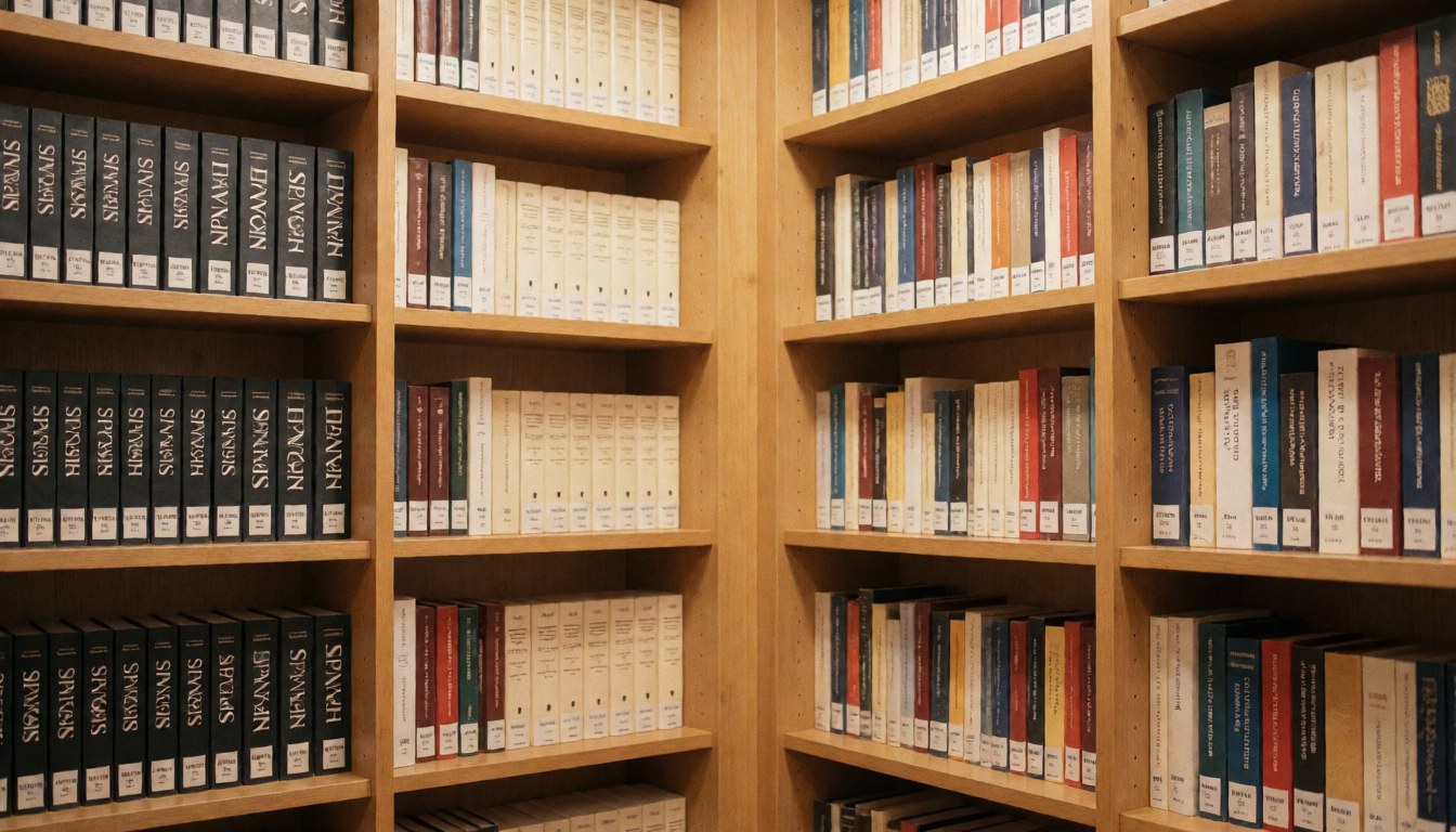 Vue d'une bibliothèque d'académie remplie de livres et de dictionnaires sur des étagères en bois, créant un fond flou pour du texte académique.