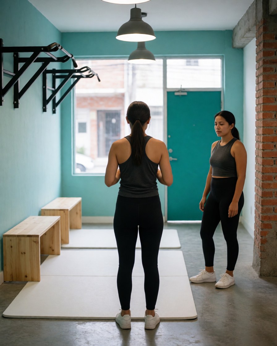 Une cliente souriante observe l'activité physique dans un espace lumineux aux murs turquoise, au sol gris et aux bancs en bois.