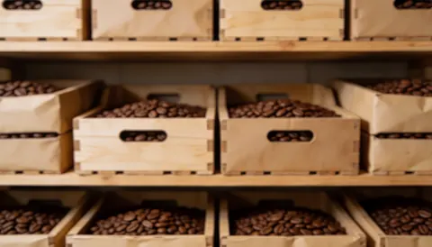 Grains de café disposés dans des caisses en bois rustique sur une étagère, créant un fond texturé pour vos textes commerciaux.
