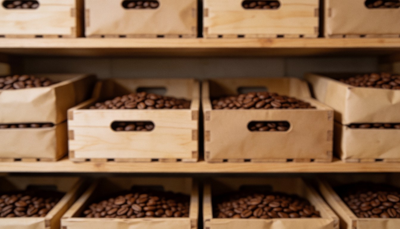 Grains de café disposés dans des caisses en bois rustique sur une étagère, créant un fond texturé pour vos textes commerciaux.