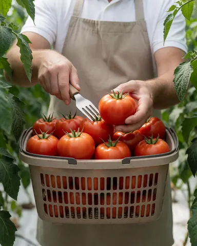 Un agriculteur cueille des tomates mûres dans une caisse au sein d'une serre, avec un gros plan sur ses mains et les fruits sous une lumière diffuse.