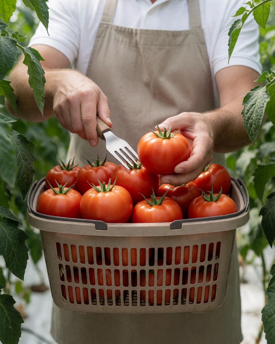 Un agriculteur cueille des tomates mûres dans une caisse au sein d'une serre, avec un gros plan sur ses mains et les fruits sous une lumière diffuse.