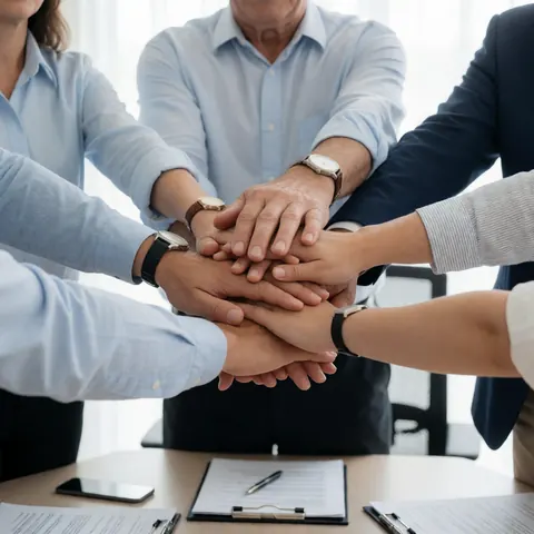 Cinq professionnels posent les mains au centre d'une table de bureau, symbolisant l'unité et la collaboration lors d'une réunion d'équipe.