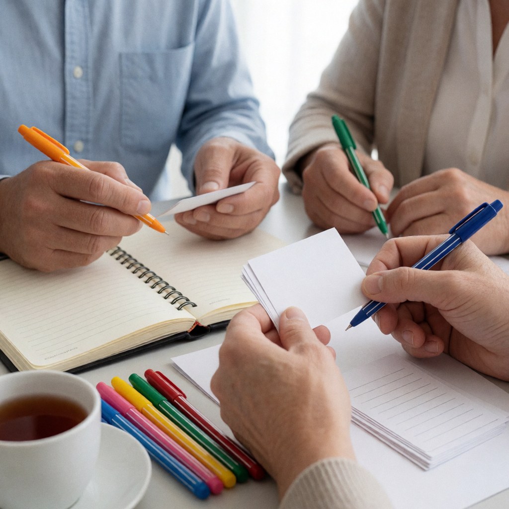 Des mains d'adultes trient des cartes blanches et des stylos colorés sur une table avec un cahier ouvert et une tasse de thé dans un cadre d'étude.