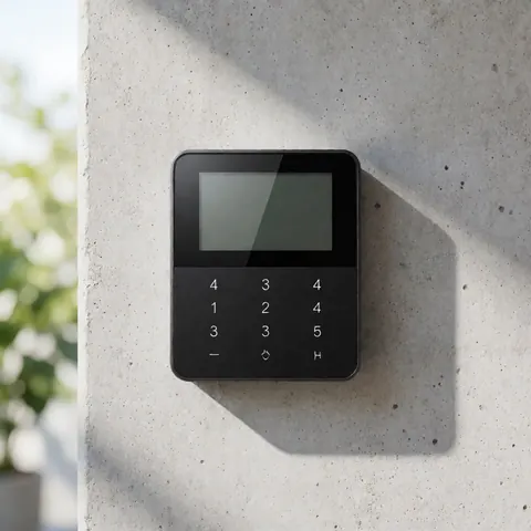 Panneau de sécurité noir avec clavier et écran, fixé sur un mur en béton texturé, éclairé par la lumière naturelle venant de la gauche.
