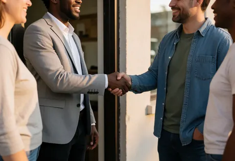 Un professionnel et un client échangent une poignée de main souriante devant un bâtiment communautaire, baignés d'une lumière dorée avec des silhouettes floues en arrière-plan.