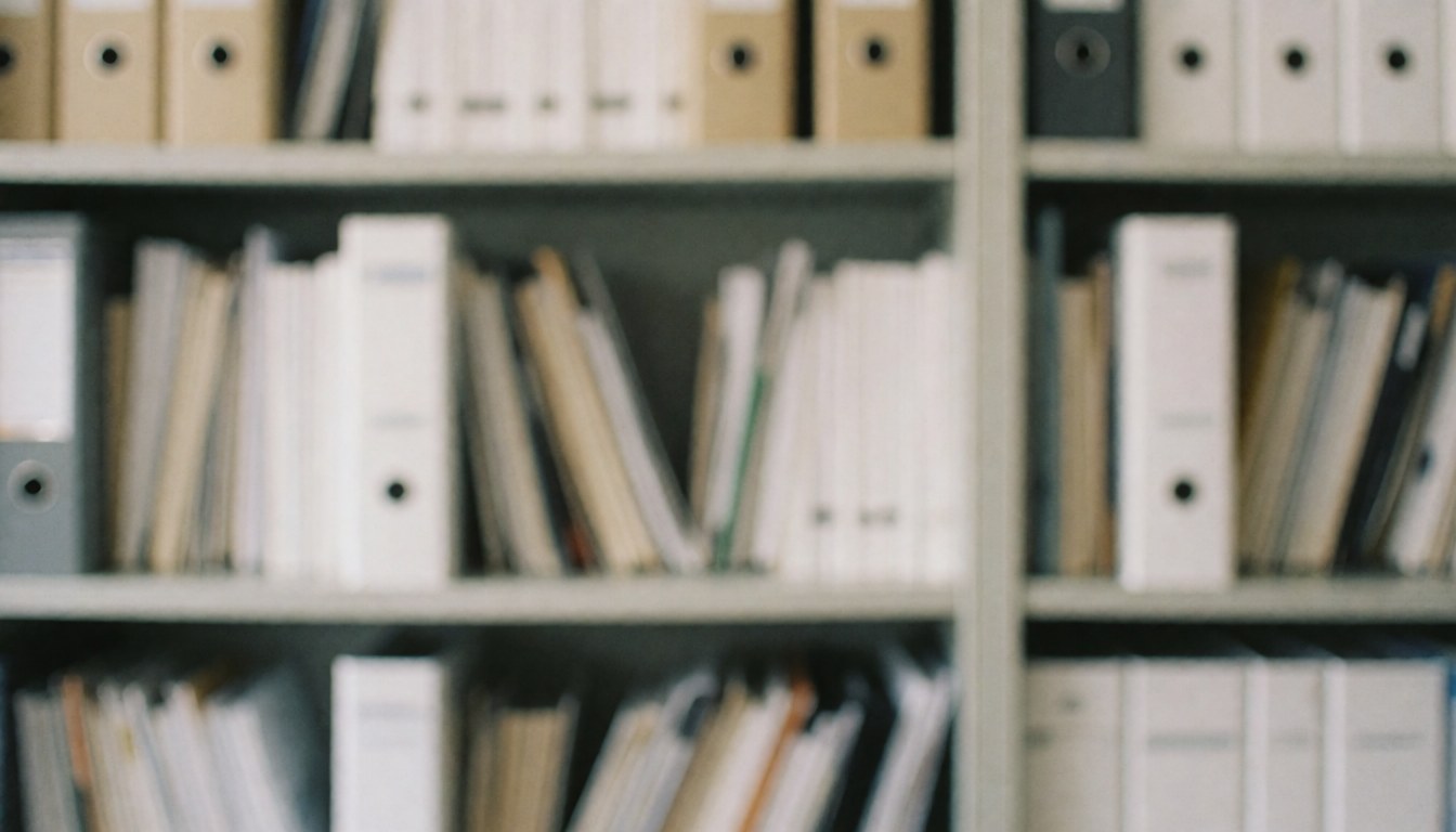 Étagère métallique grise remplie de classeurs et de fichiers blancs, servant de fond professionnel neutre pour des présentations ou documents liés aux ressources humaines.