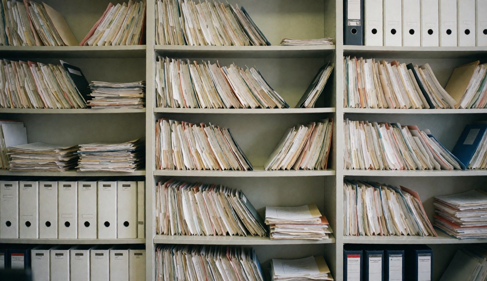 Des étagères chargées de classeurs et de papiers dans un bureau d'assurance. Arrière-plan professionnel aux tons neutres, offrant un cadre calme et ordonné pour l'intégration de texte.
