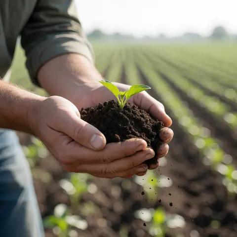 Main d'agriculteur tenant terre fertile avec une pousse verte, champ agricole aux rangées de cultures floues en arrière-plan sous lumière matinale douce.