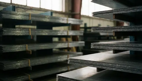 Arrière-plan industriel montrant des tôles d'acier empilées dans un entrepôt, idéal pour un fond de texte professionnel lié à la fabrication et à l'industrie.