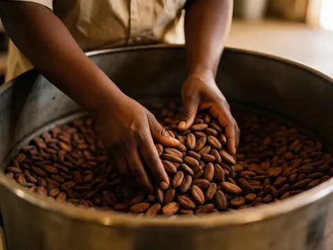Des mains en train de mélanger des fèves de cacao brutes dans un grand contenant métallique, avec une lumière chaude et un arrière-plan flou suggérant un environnement de production.