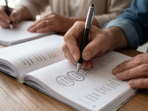 Des mains d'adulte manipulant des mots dans un cahier d'espagnol ouvert sur un bureau en bois, éclairé par la lumière naturelle.