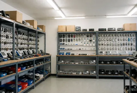 Intérieur d'un entrepôt sécurisé contenant des étagères métalliques chargées de serrures, alarmes et composants électroniques sous un éclairage fluorescent.