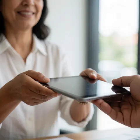 Une femme professionnelle remet une tablette numérique à un client au sein d'un environnement de bureau lumineux et moderne.