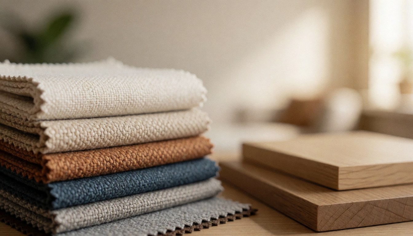Présentation de diverses textures de matériaux utilisés dans la fabrication de meubles modernes, incluant le bois, le tissu et les finitions de qualité.