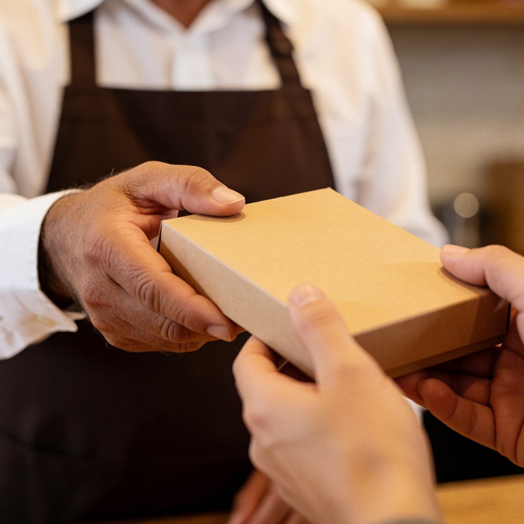 Remise d'une boîte contenant du café et du cacao entre le vendeur et le client