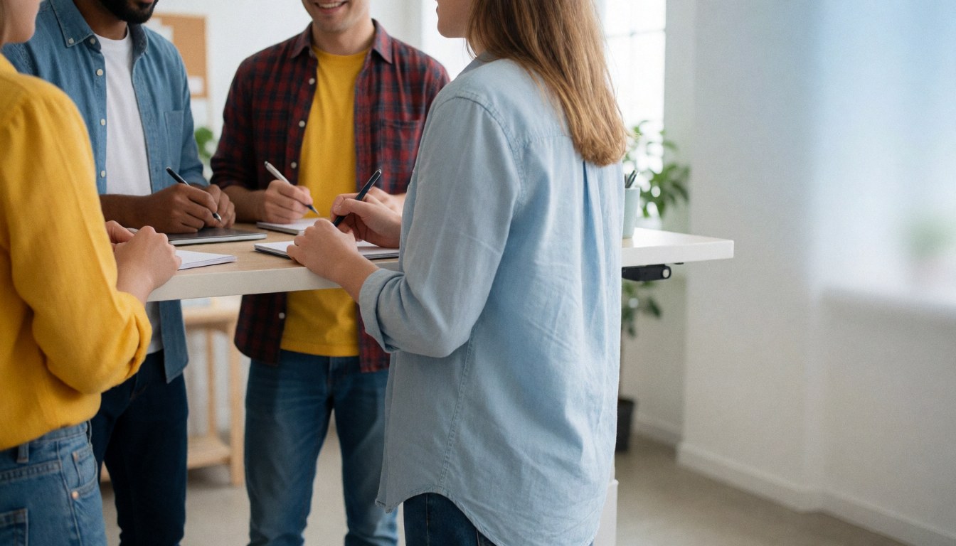 Trois personnes debout collaborant à une table moderne, prenant des notes avec des carnets et stylos dans un bureau lumineux et végétalisé.