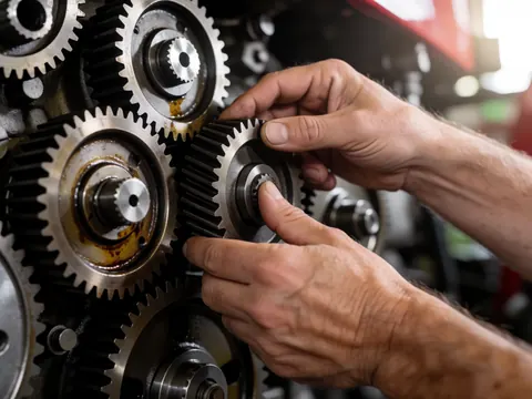 Gros plan sur des engrenages métalliques d'un moteur de tracteur avec des mains effectuant une maintenance, montrant des détails industriels et du vieux huile.