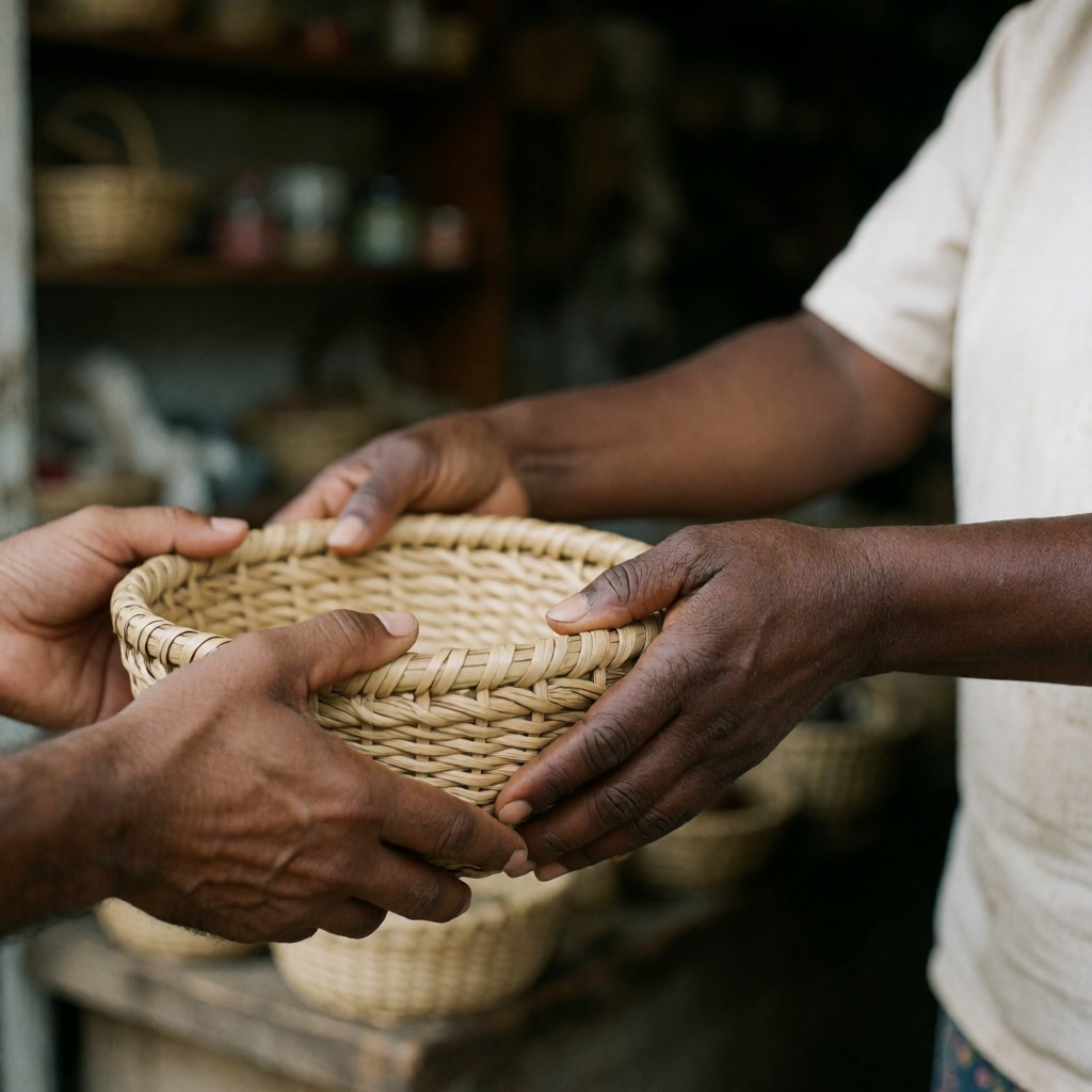 Remise d'un objet artisanal en osier par un vendeur à un client lors d'une transaction.