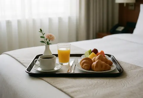 Un plateau de petit-déjeuner posé sur des draps blancs comprend du café, des croissants, des fruits, du jus, une lumière matinale, des rideaux et une fleur dans un petit vase.