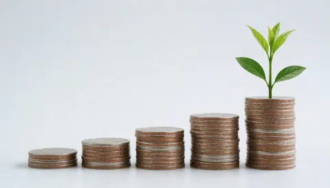 Des pièces d'argent empilées en ordre croissant forment une pyramide sur fond blanc, avec une petite plante verte émergeant du sommet, symbolisant la croissance financière.