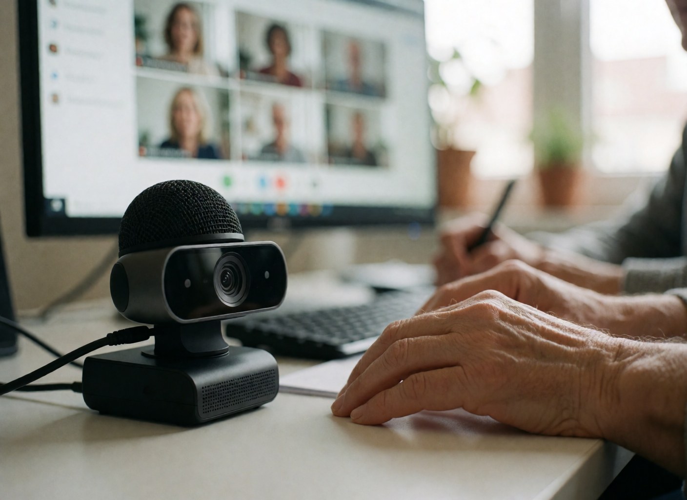 Une webcam et un microphone professionnel posés sur un bureau, avec un écran affichant une interface de cours en ligne floue en arrière-plan.