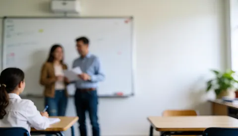 Arrière-plan flou d'une salle de classe avec bureau, chaise et tableau blanc, idéal pour superposer du texte dans un contexte éducatif.