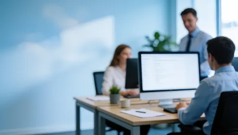 Arrière-plan flou d'un bureau moderne avec des tons blancs et bleus, évoquant un environnement professionnel et technologique.
