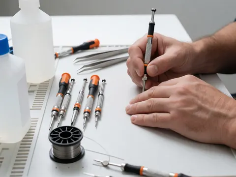 Des mains effectuant une réparation de précision sur un téléphone portable à l'aide d'outils, de soudure et d'alcool sur une surface blanche.