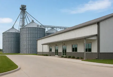 Vue extérieure d'un entrepôt agricole contemporain abritant des silos métalliques sous un ciel bleu, avec un sol propre et une architecture industrielle.