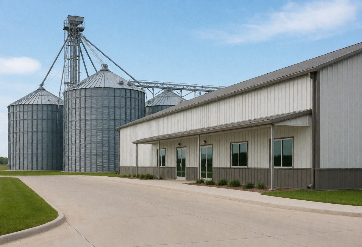 Vue extérieure d'un entrepôt agricole contemporain abritant des silos métalliques sous un ciel bleu, avec un sol propre et une architecture industrielle.
