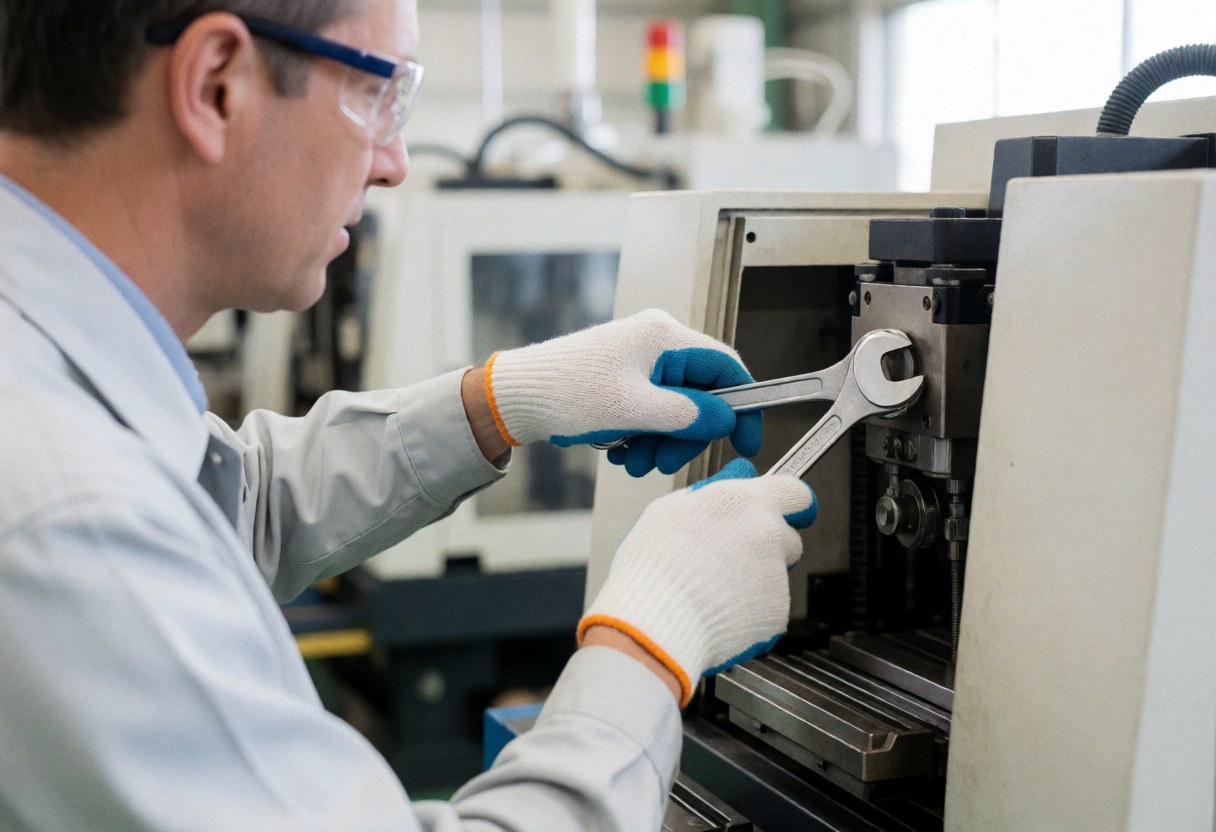 Technicien portant gants et lunettes de sécurité, utilisant une clé pour réparer une machine industrielle sur fond de factory flou avec éclairage professionnel.
