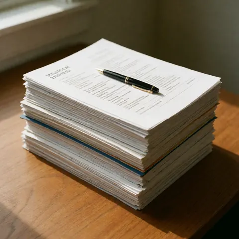 Des rapports d'ingénierie empilés sur un bureau en bois avec un stylo, évoquant le travail de conception et la livraison de projets techniques.
