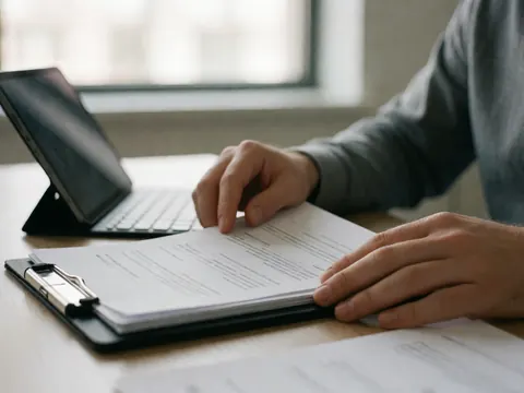 Une main posée sur une pile de documents et de feuilles de papier blanches, à côté d'une tablette numérique sur un bureau en bois clair dans un environnement professionnel lumineux.