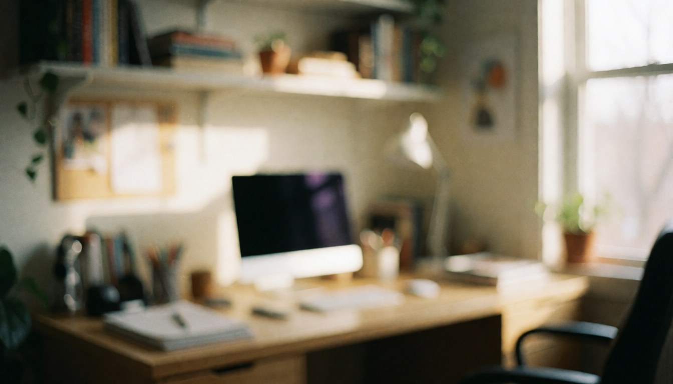 Fond d'espace de travail à domicile avec étagère, plantes vertes et ordinateur sur bureau, lumière naturelle par fenêtre, ambiance calme et professionnelle.
