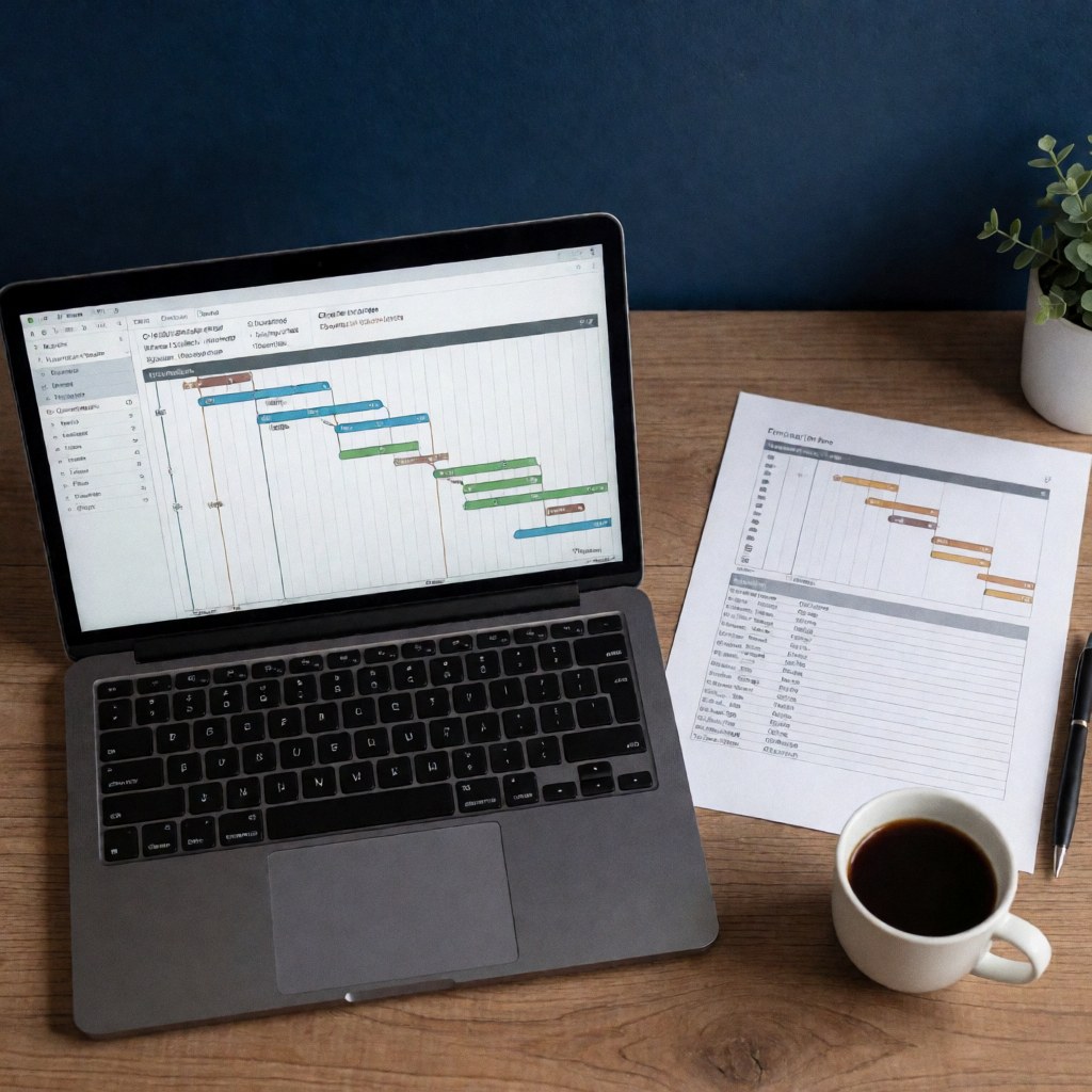 Un ordinateur portable affichant un diagramme de Gantt, posé sur une table en bois avec une tasse de café et des documents imprimés.