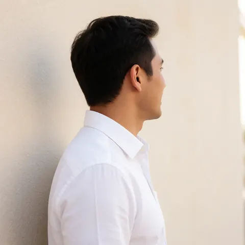 Un homme d'affaires portant une chemise blanche se tient devant un mur beige clair avec une lumière naturelle douce.