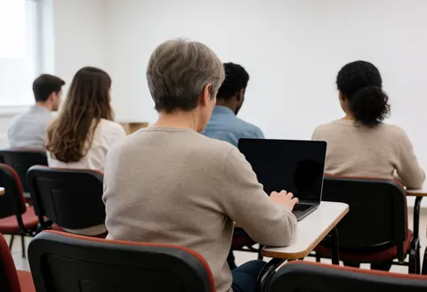 Un étudiant mature en pull gris travaille sur son ordinateur portable dans une salle de classe avec murs blancs et sièges vides, dans une ambiance sérieuse.
