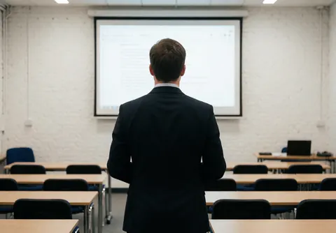 Un enseignant vu de dos dans une salle de réunion vide équipée de tables et chaises, avec un projecteur allumé sur fond blanc, évoquant un cadre professionnel pour des cours de langues.