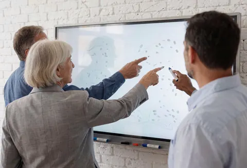 Trois professionnels dans une salle de réunion avec un tableau blanc numérique, pointant et discutant. Mur en briques blanches, marqueurs visibles.