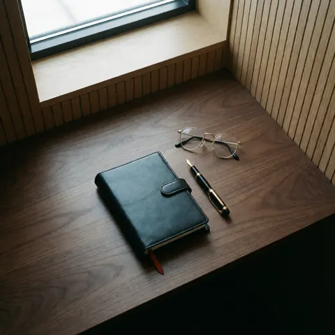 Un bureau en bois clair ou foncé éclairé par la lumière naturelle, orné d'un cahet, d'un stylo et de lunettes, évoquant calme et productivité pour une école de langues.