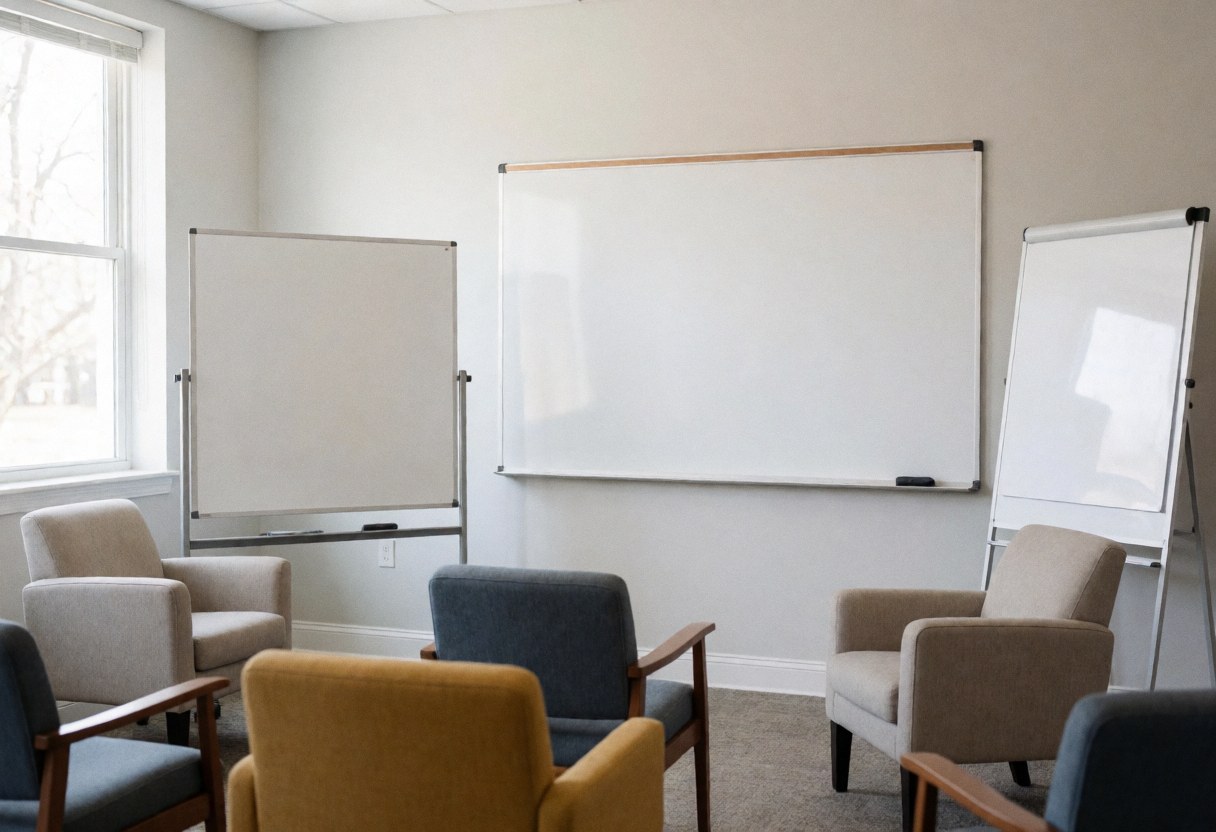 Salle de classe moderne équipée de chaises confortables et de tableaux blancs. Éclairage naturel, murs gris et ambiance chaleureuse propice à l'apprentissage des langues.
