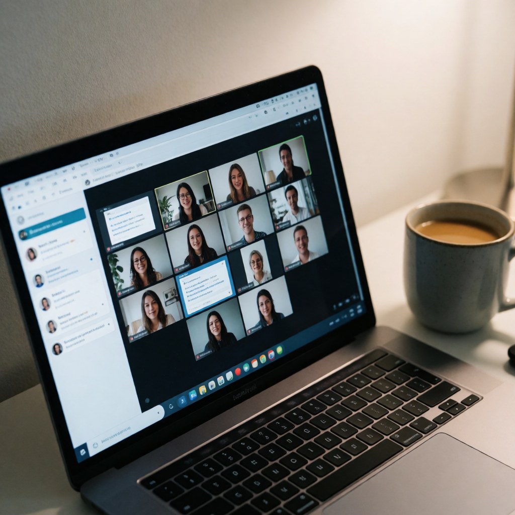 Scène d'une classe virtuelle en direct montrant un écran avec une interface de vidéoconférence.